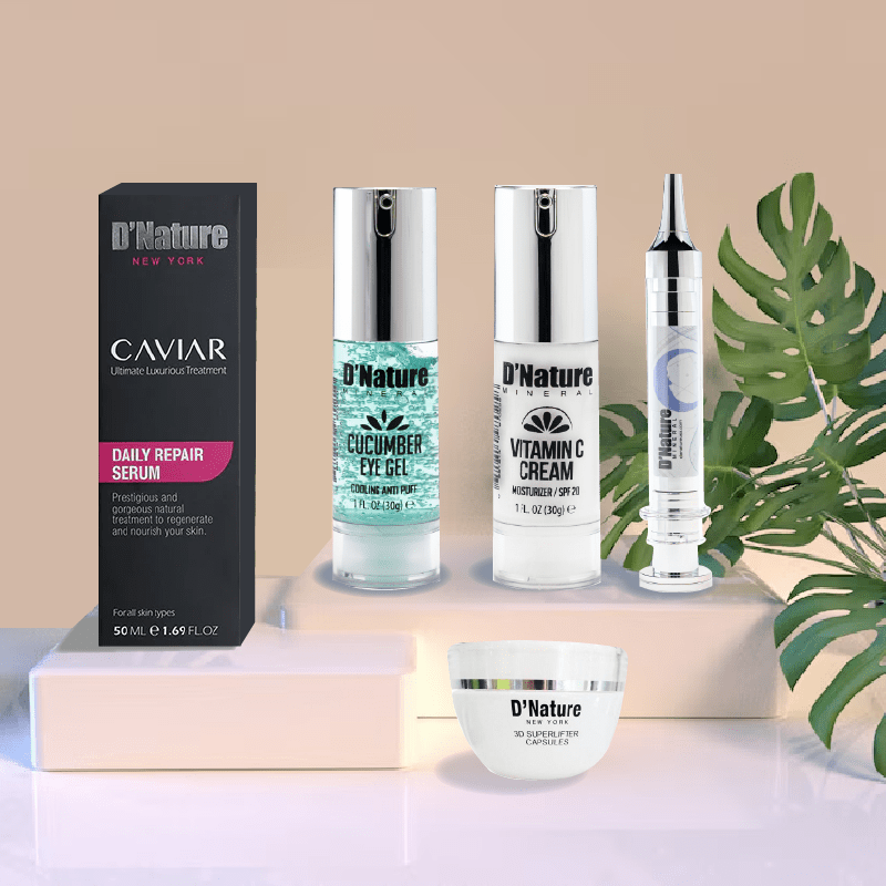 Caviar Repair Serum + Hyaluronic Serum Acid Steem + Cucumber Eye Gel Vitamin C Cream + Free Brush Cleanser - D'Nature Mineral