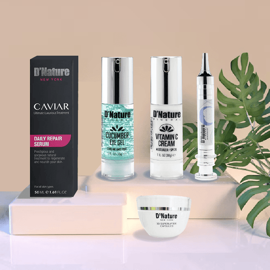 Caviar Repair Serum + Hyaluronic Serum Acid Steem + Cucumber Eye Gel Vitamin C Cream + Free Brush Cleanser - D'Nature Mineral